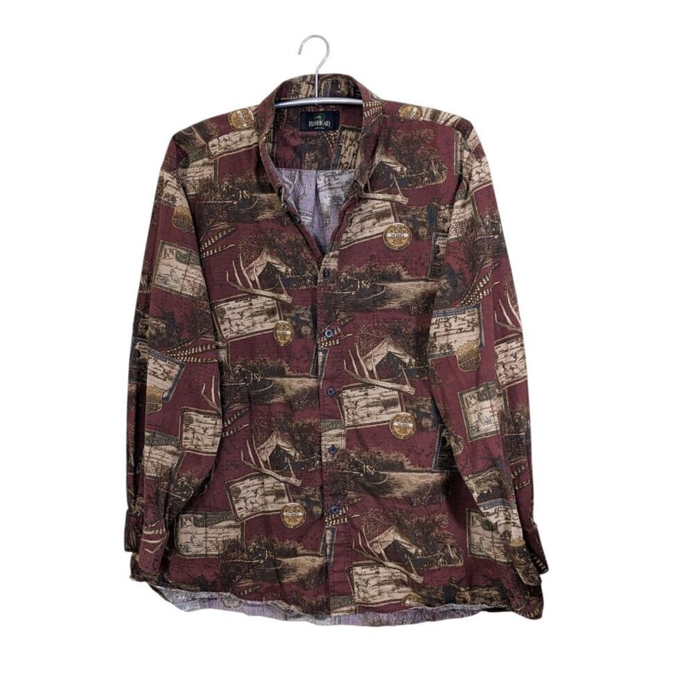 Red Head Button Down Shirt Mens 3XL Hunting Theme Long Sleeve Maroon Cotton